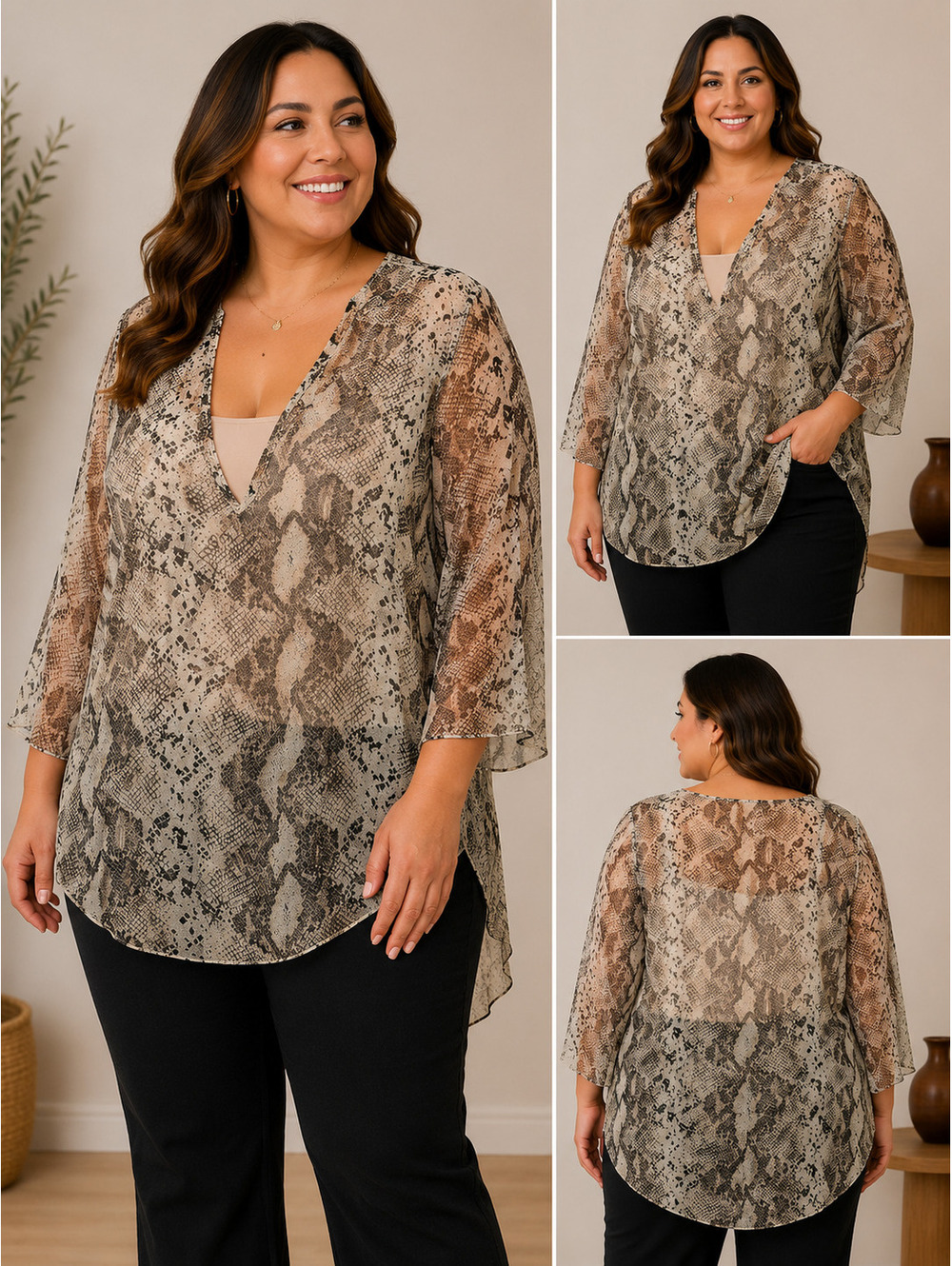 Plus Size Sheer Snake Print V-Neck Tunic Top